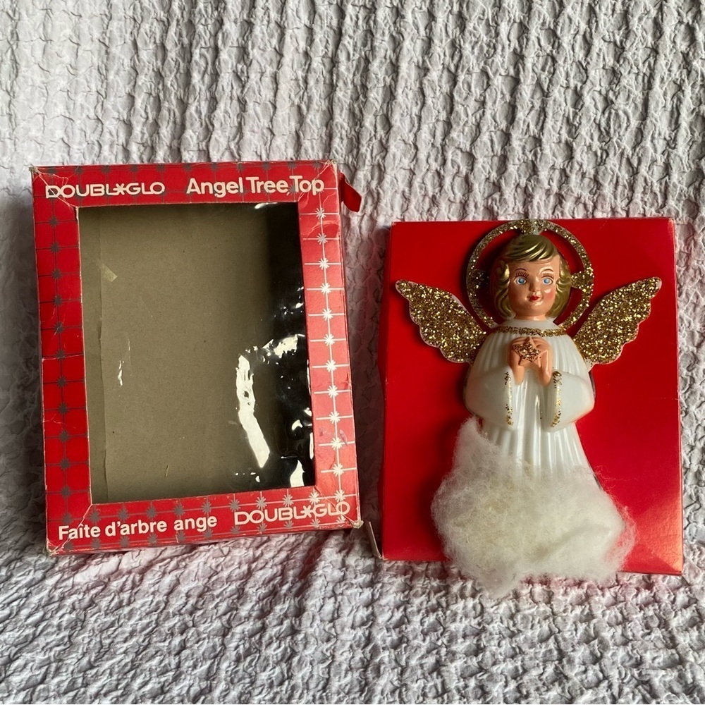 Vintage Double Glo Angel tree topper hard Plastic Glittered Angel Tree Topper